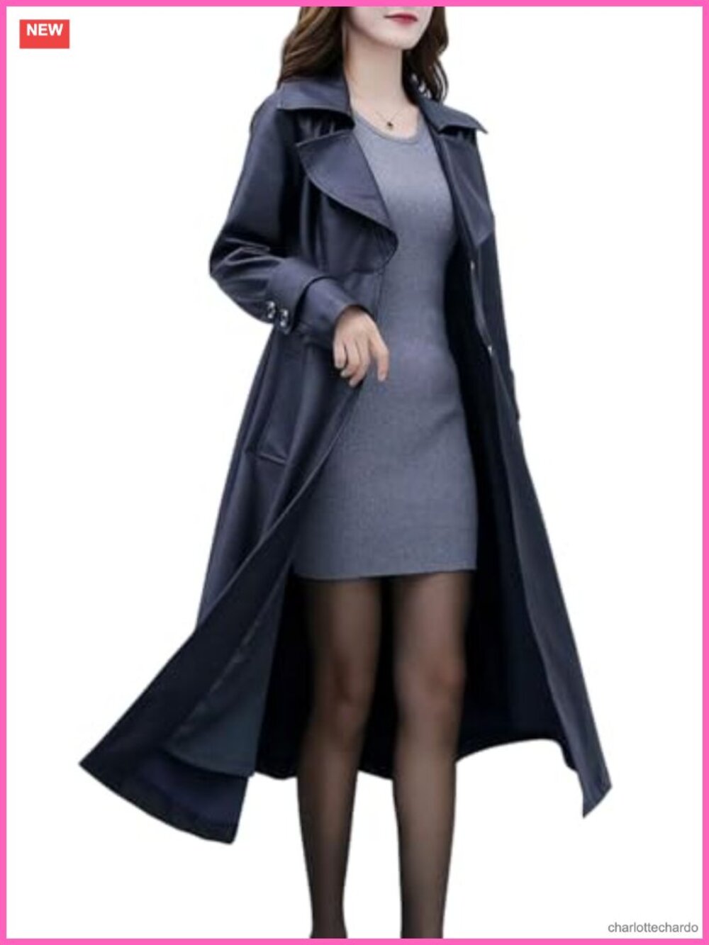 PU Leather Trench Coat Faux Leather Fit Flare Long Button Down